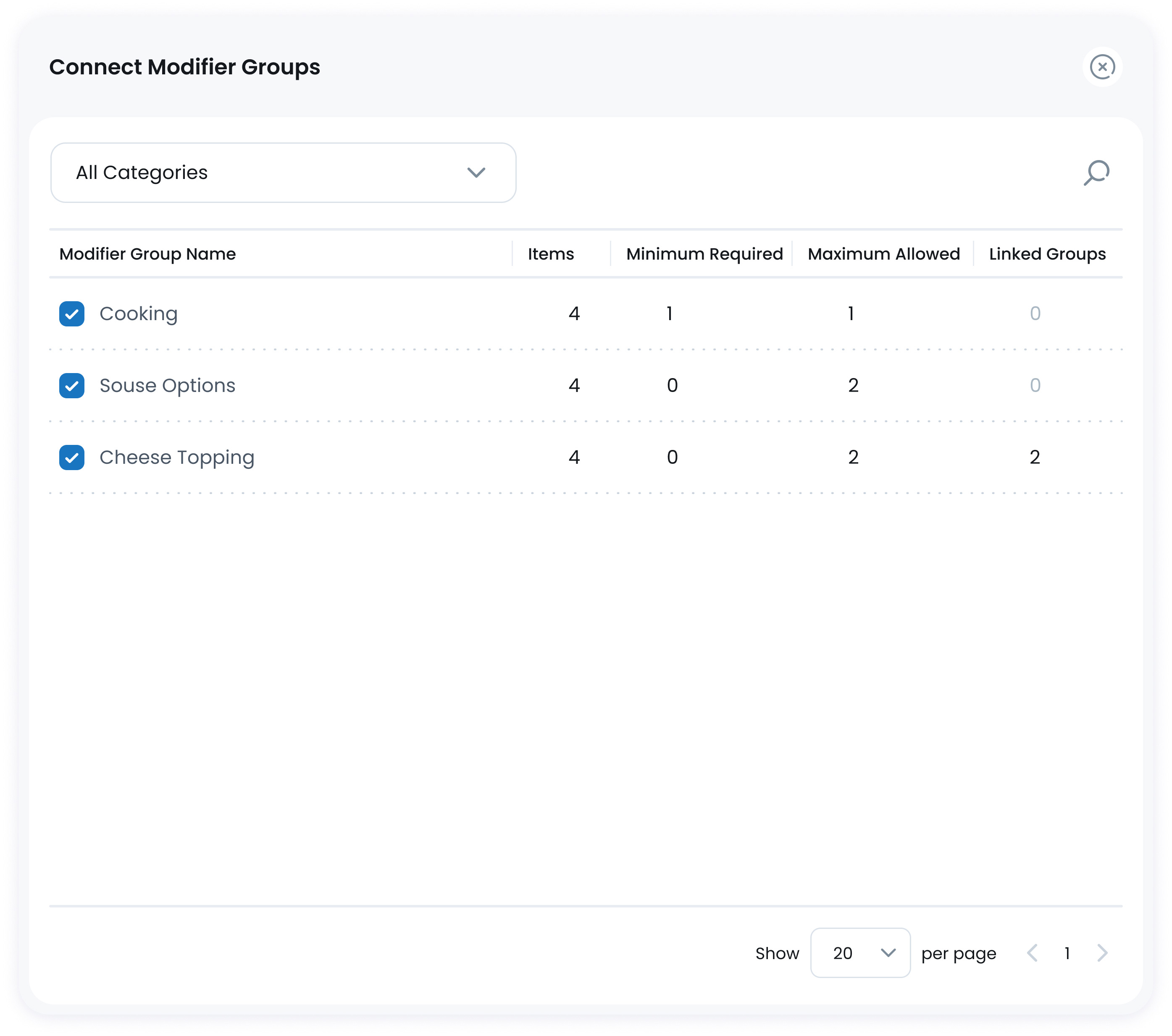 Select Modifier Group Popup