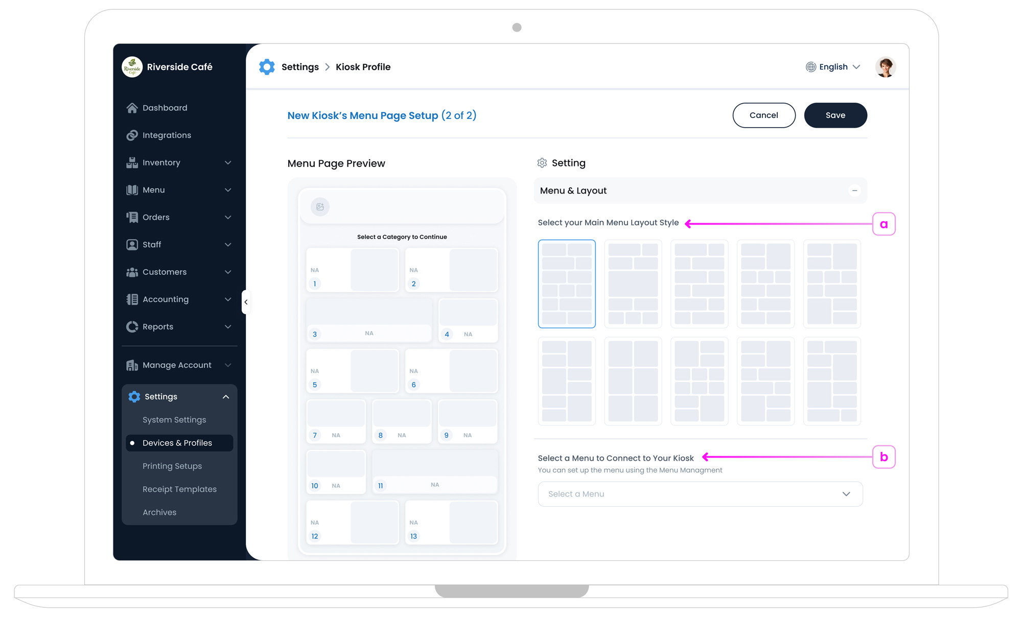 Kiosk Menu and Layout Overview