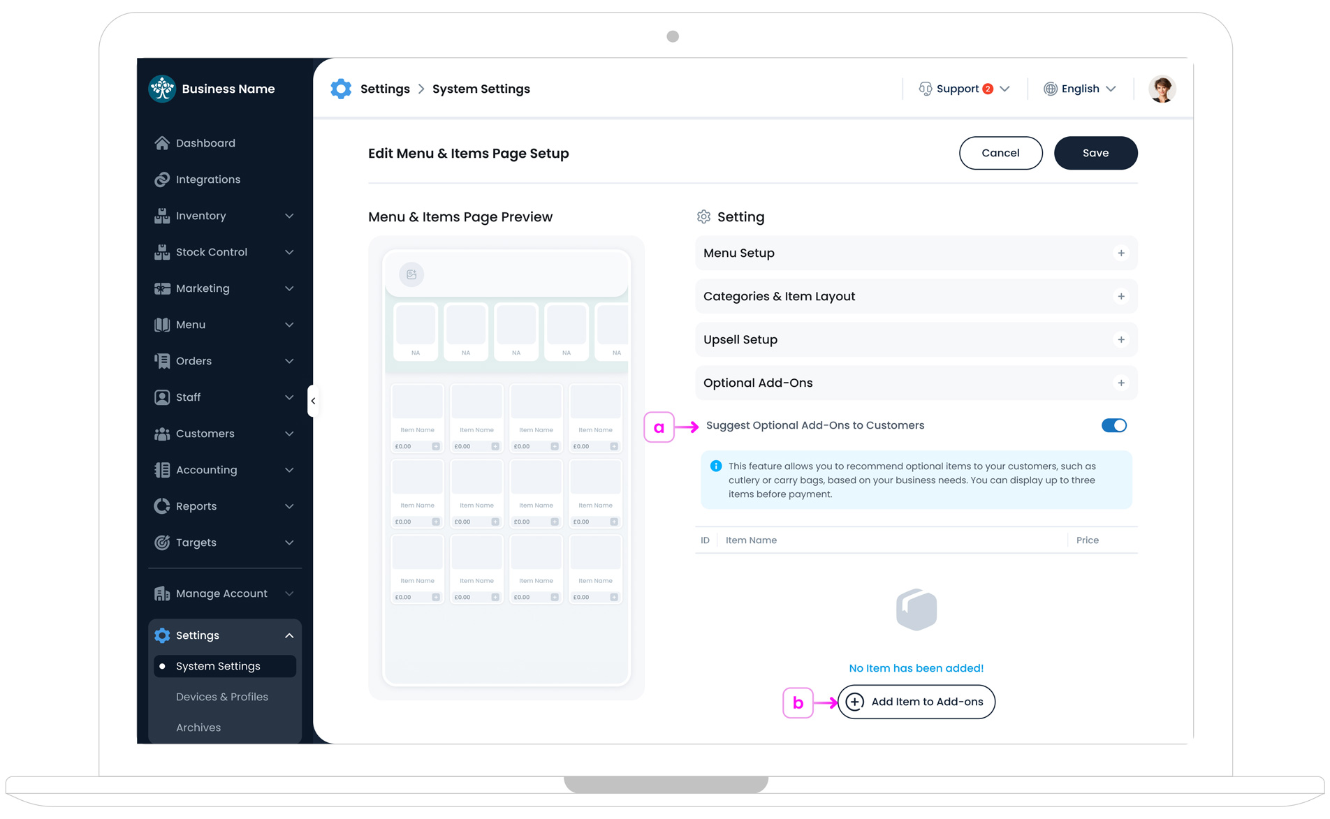 Optional Add-ons settings