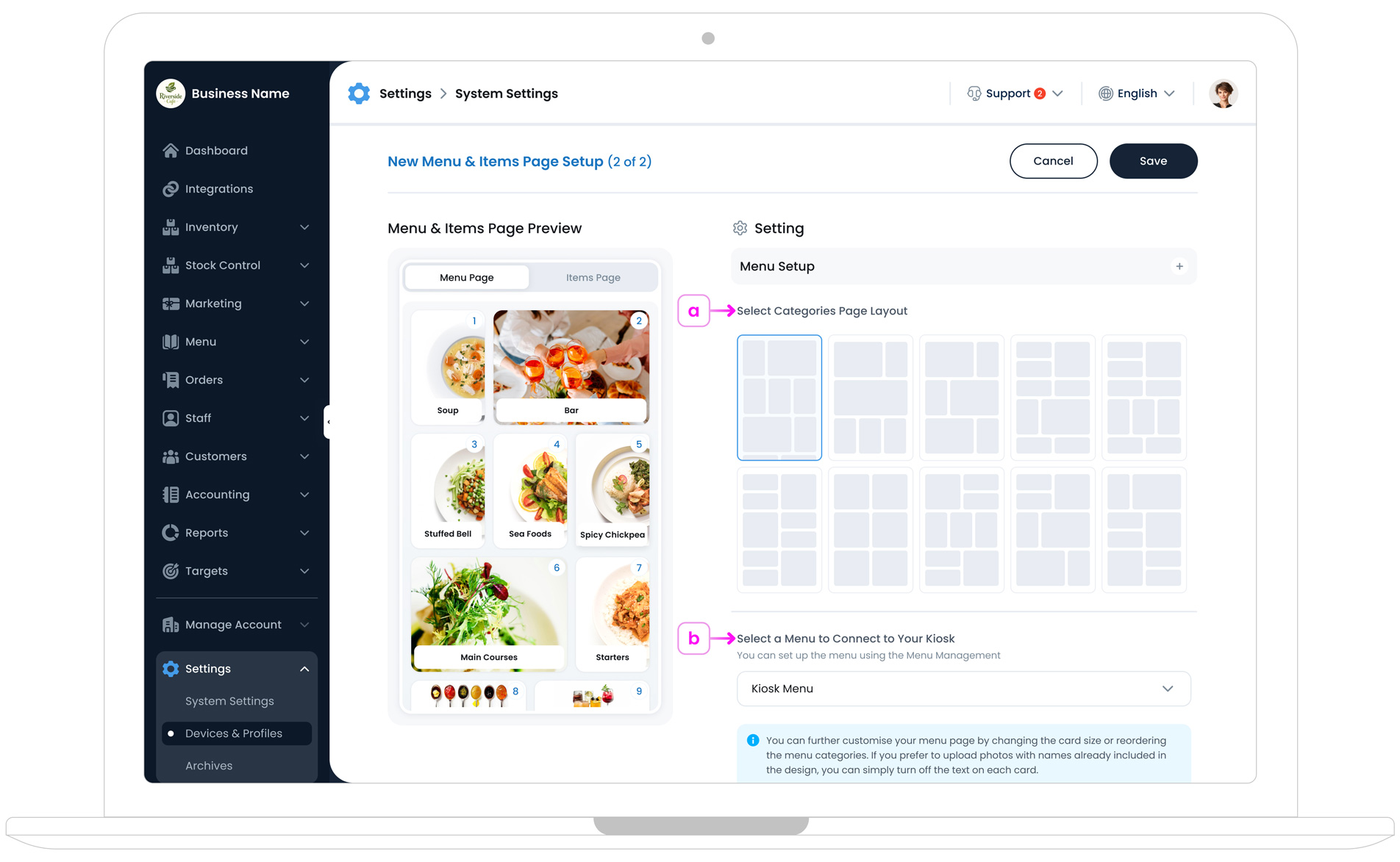 Kiosk Menu and Layout Overview