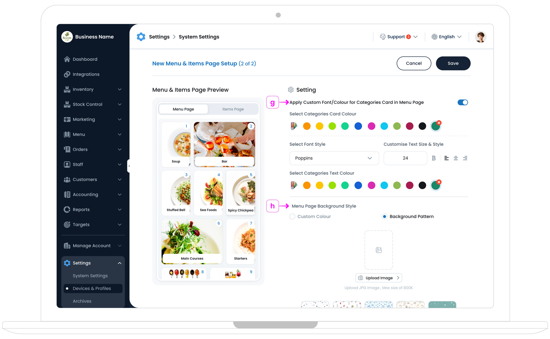 Kiosk Menu Setup Point g-h