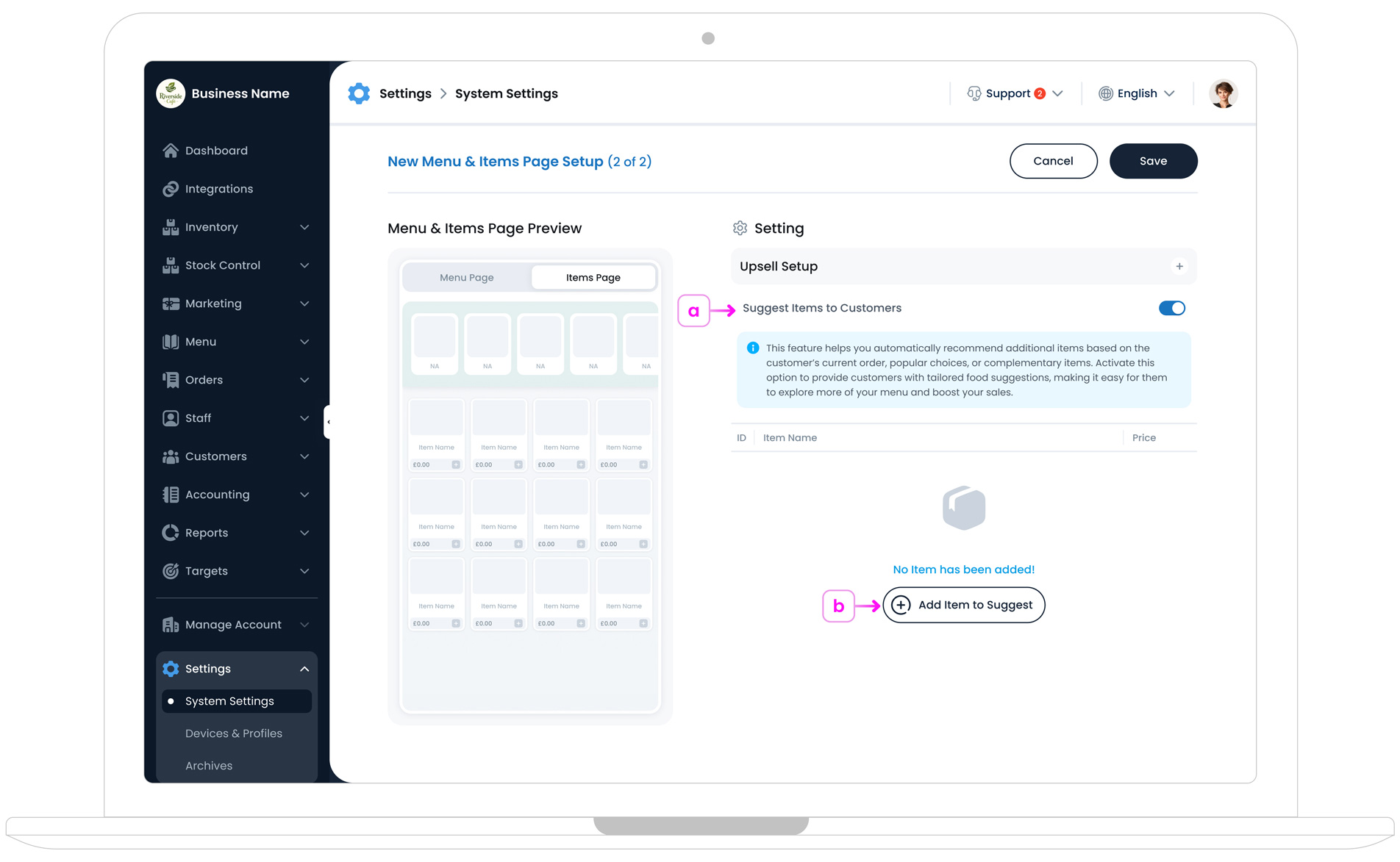 Suggested Items Section in Kiosk Menu