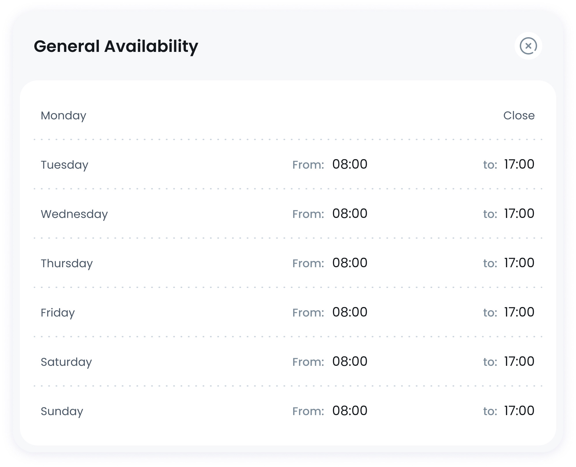 Menu Availability Details Popup Example