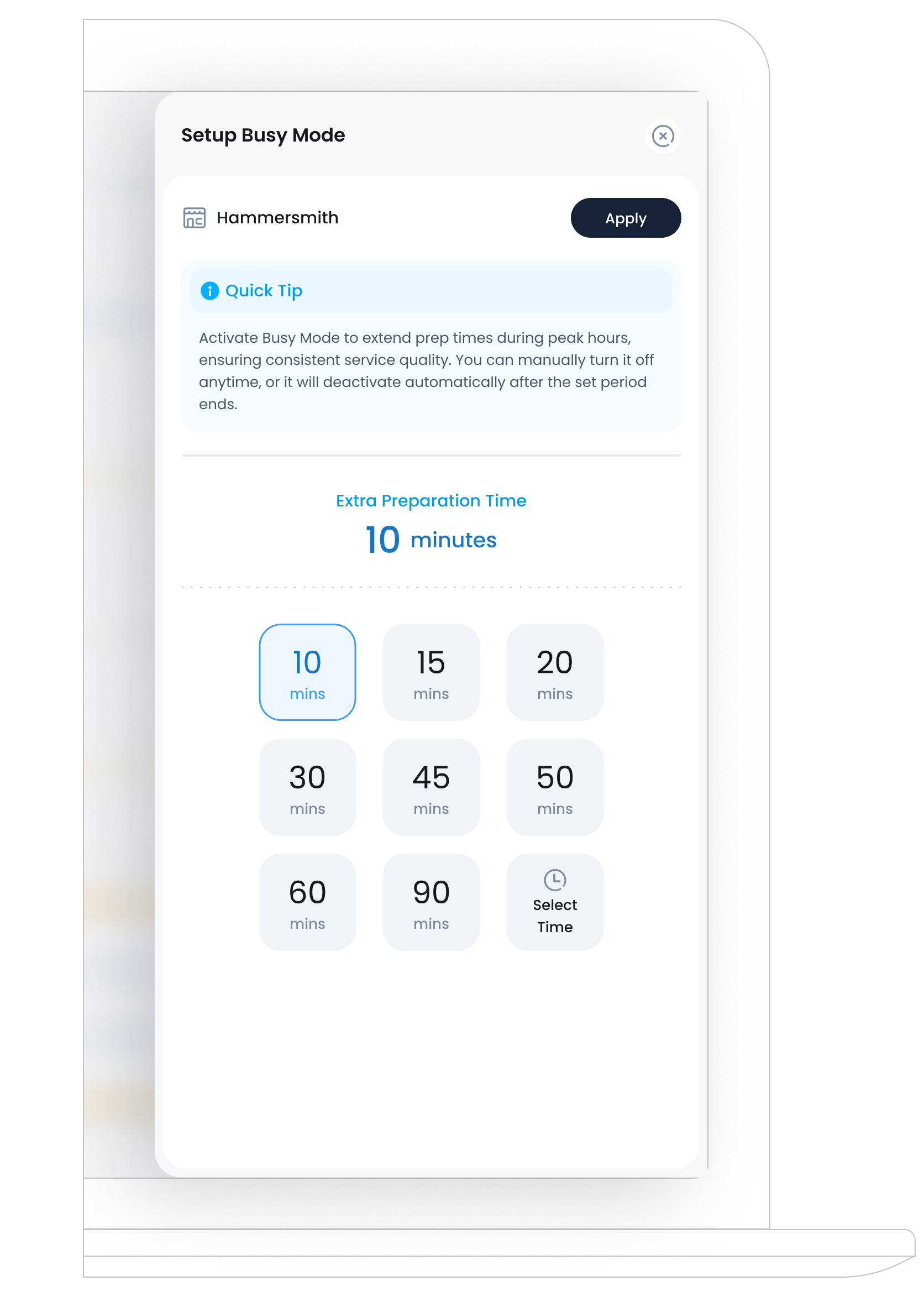 Setup Busy Mode modal with extra preparation time