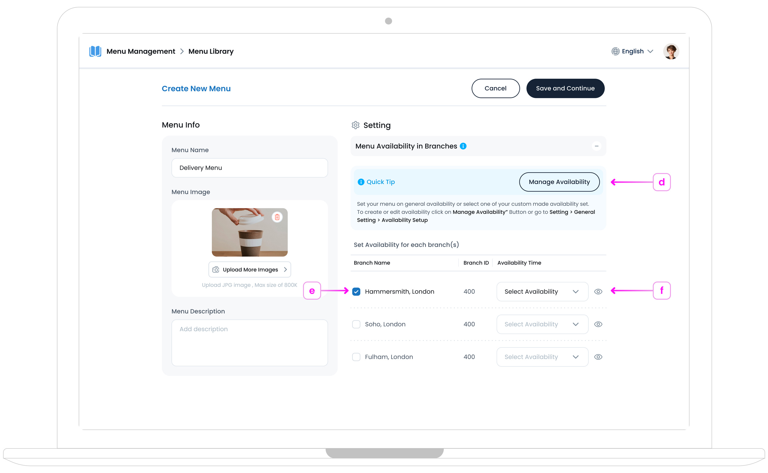 Menu Availability Settings Example for Creating a New Menu