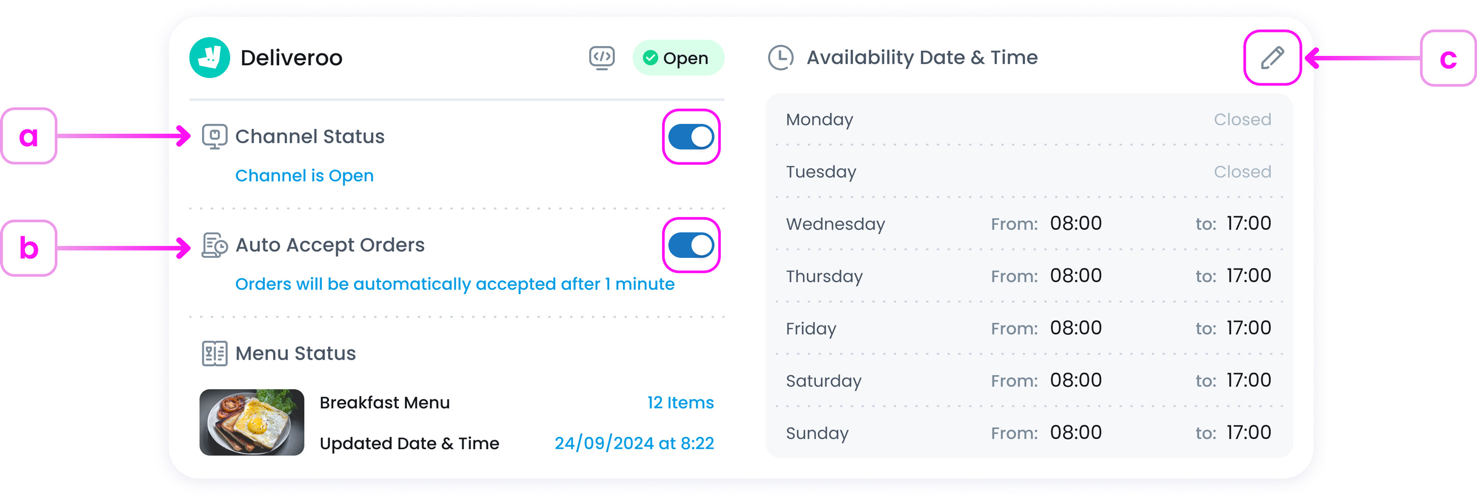 Channel card in the Manage Availability page showing options to open or close the channel, enable auto accept, and set scheduling