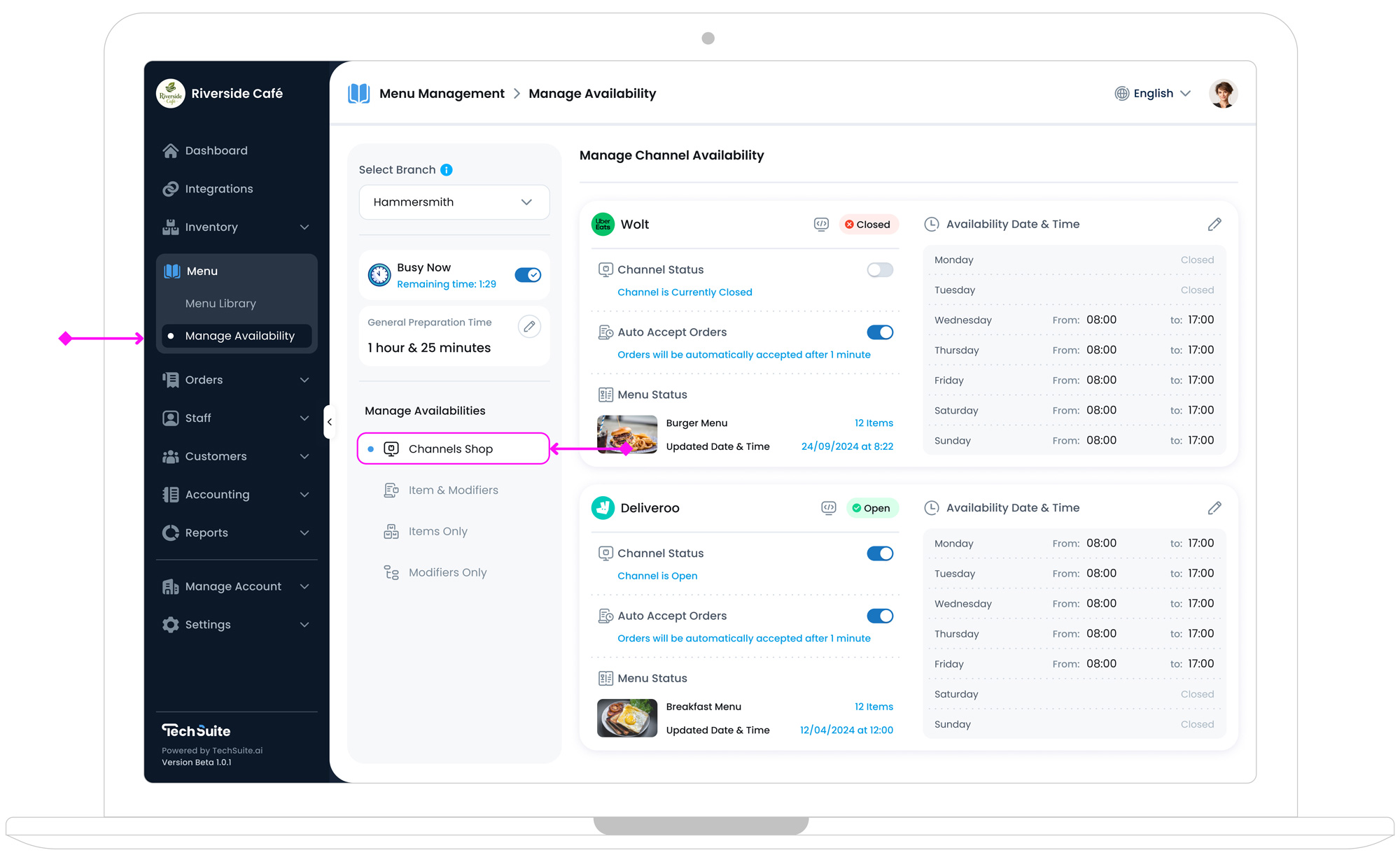 Manage Channel Availability tab showing connected channels and their current open/close statuses