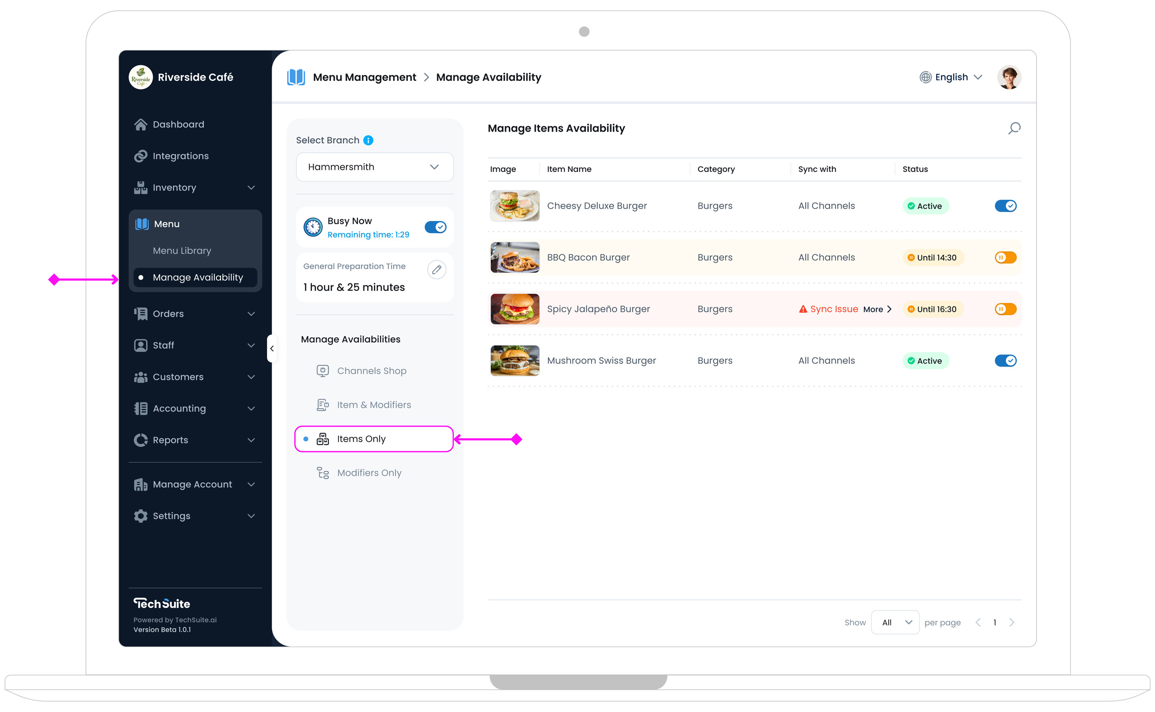 Access Manage Item Availability page by selecting Items Only tab