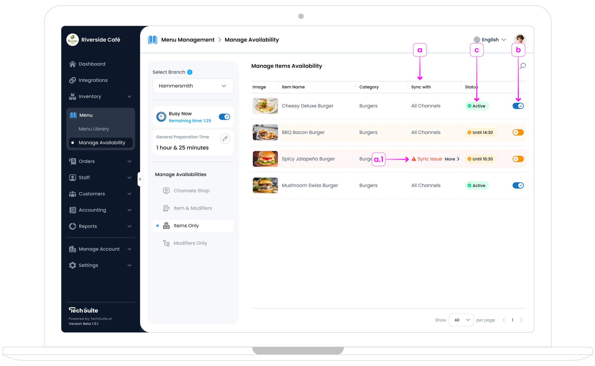 Screenshot of the Manage Item Availability page showing item options and data