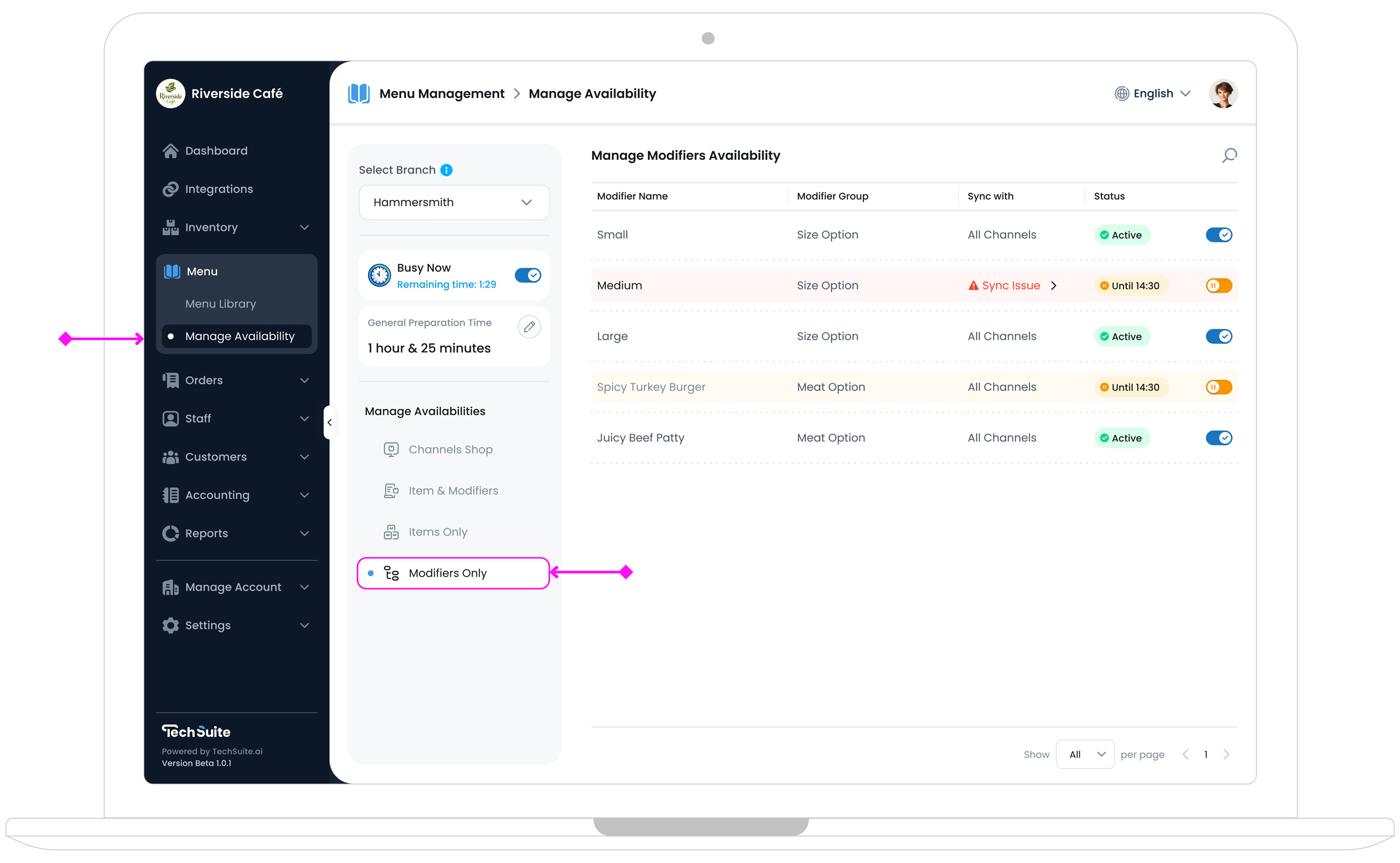 Access Manage Modifier Availability page by selecting Modifiers Only tab
