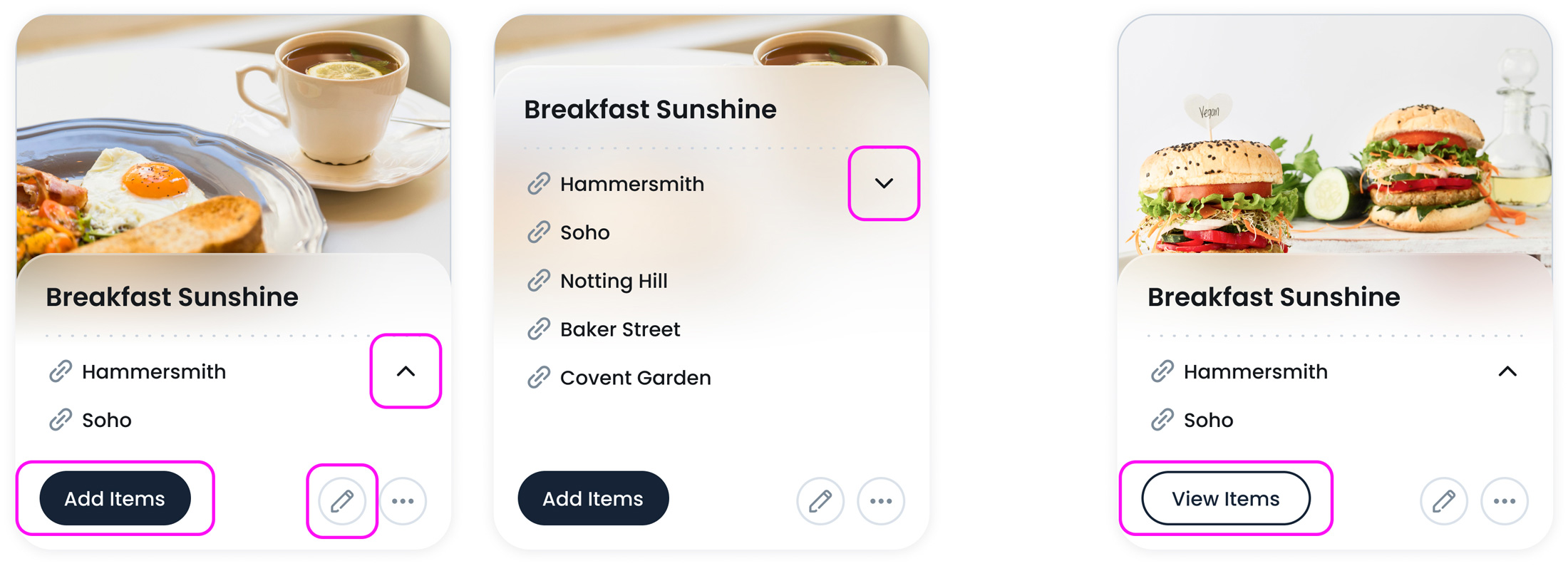 Menu Library card view