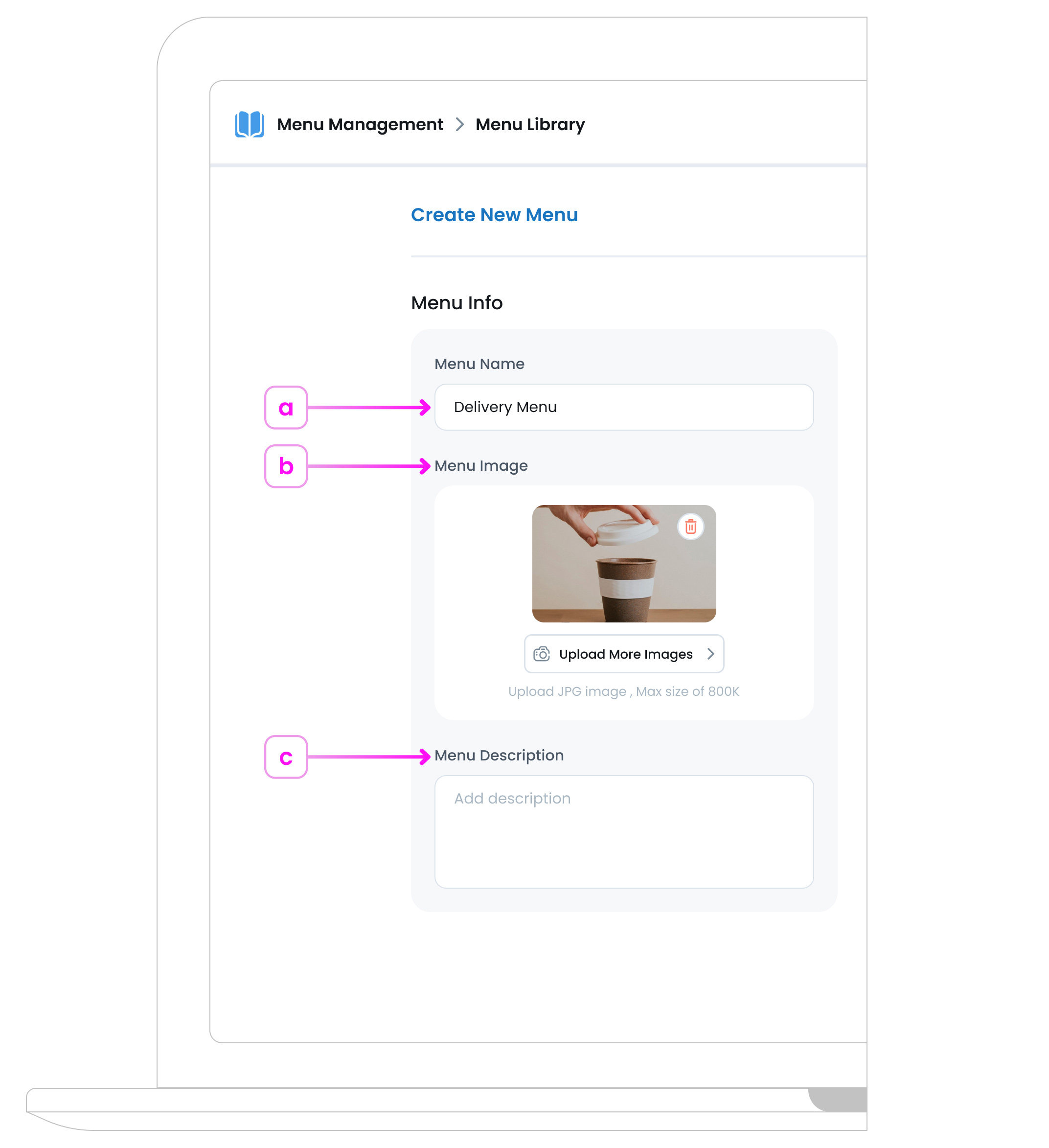 Menu Info Form Example for Creating a New Menu