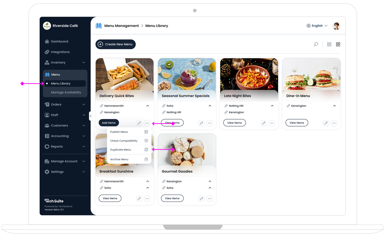 Archiving a menu in the Menu Library