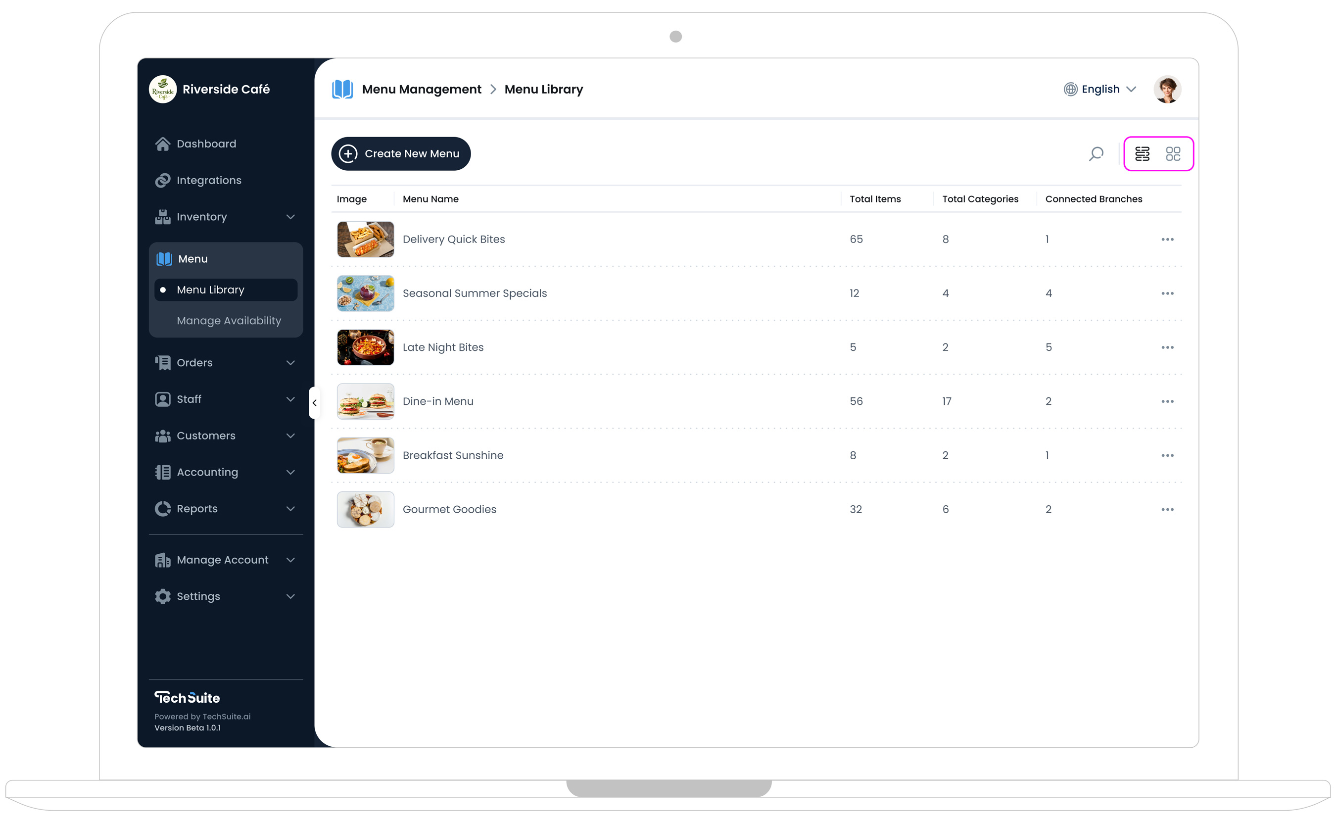 Menu Library list view