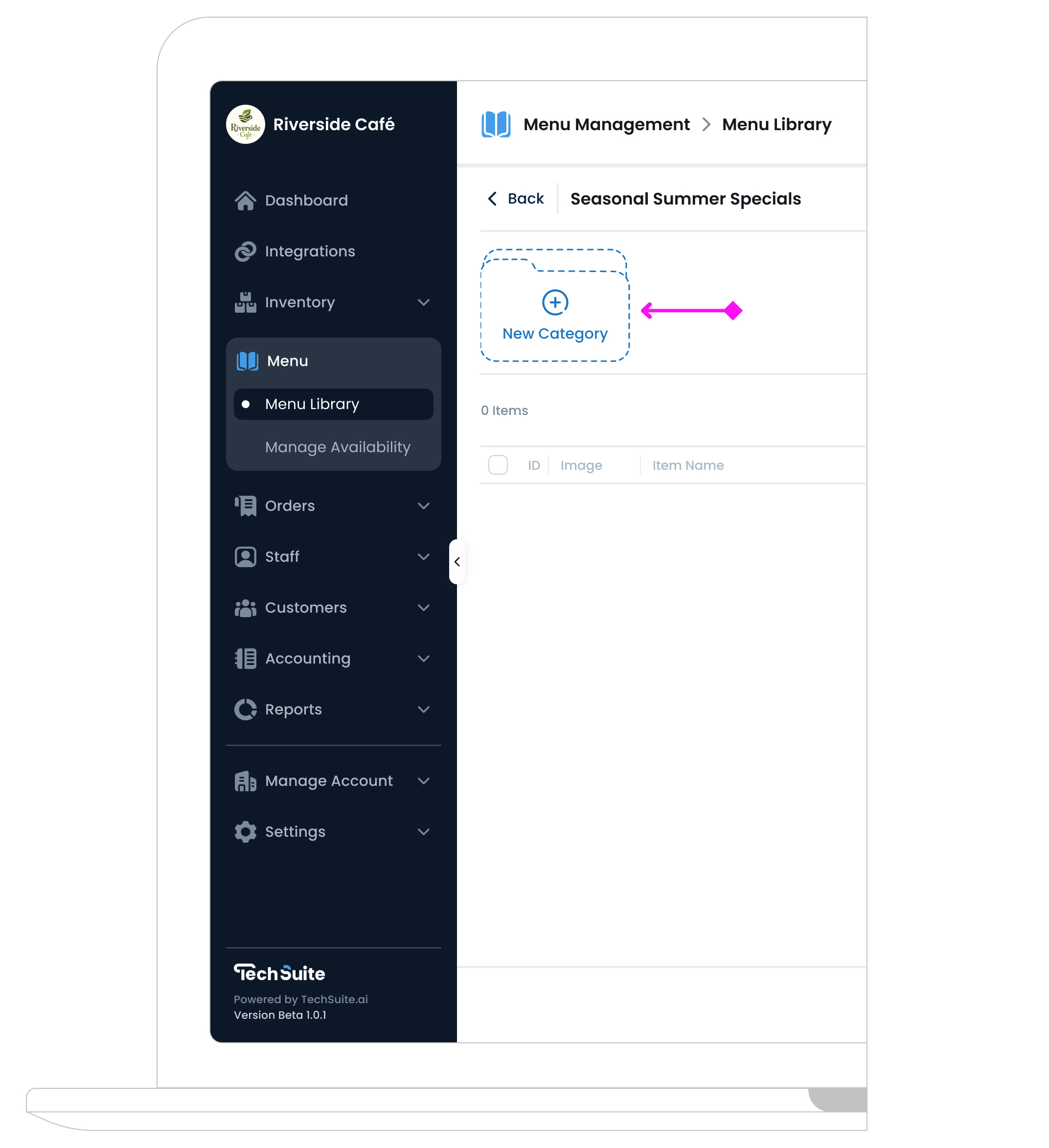 Illustration of adding a new category to a menu in the menu library