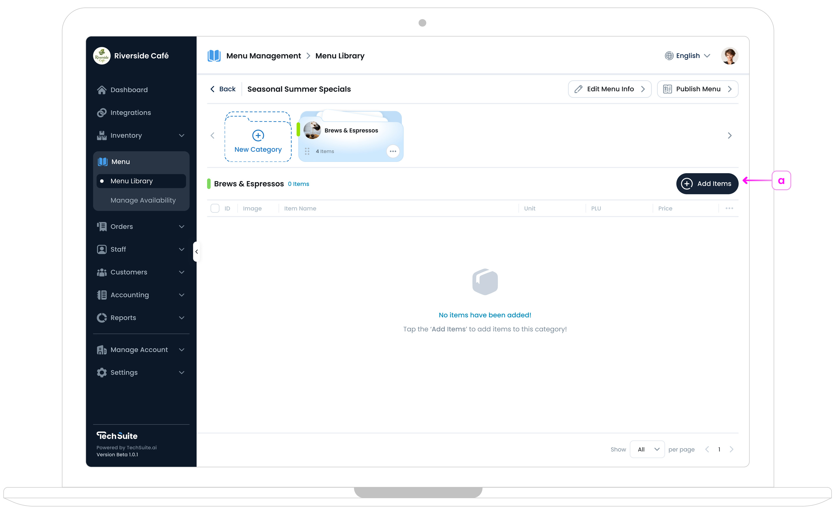 Selecting inventory items to add to a menu category.