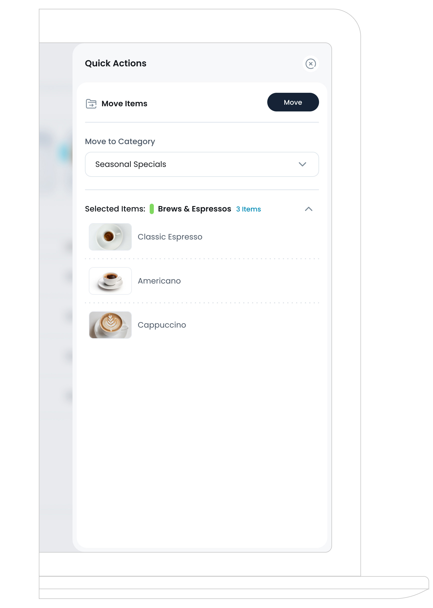 Interface showing how to move a menu item to a different category in the menu library
