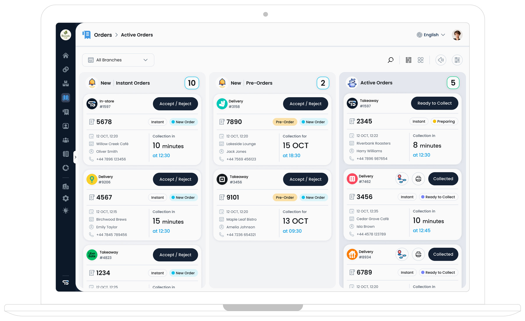 Order Management dashboard showing active orders