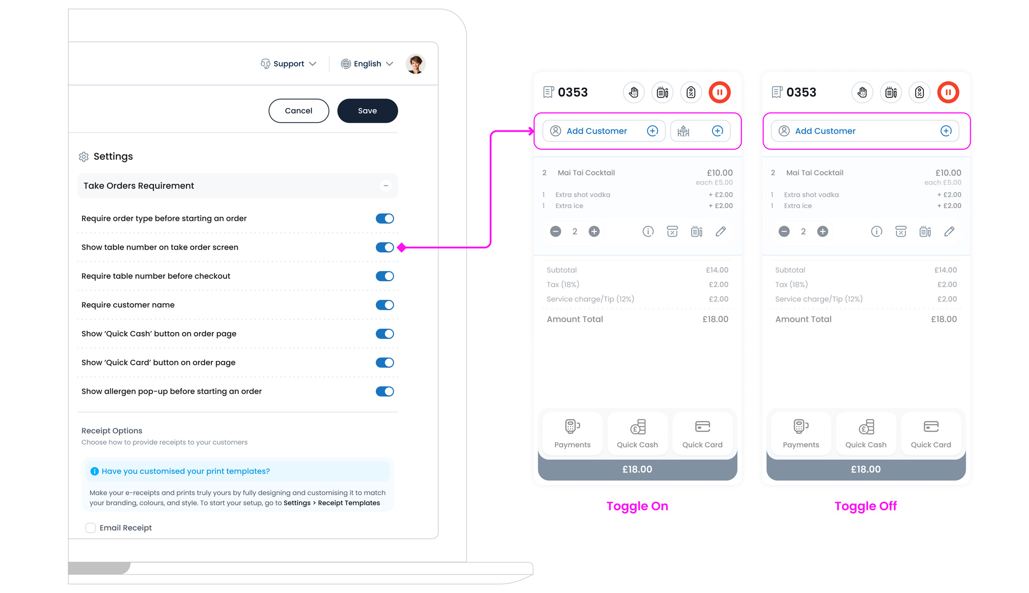 Show table number on take order screen — ON