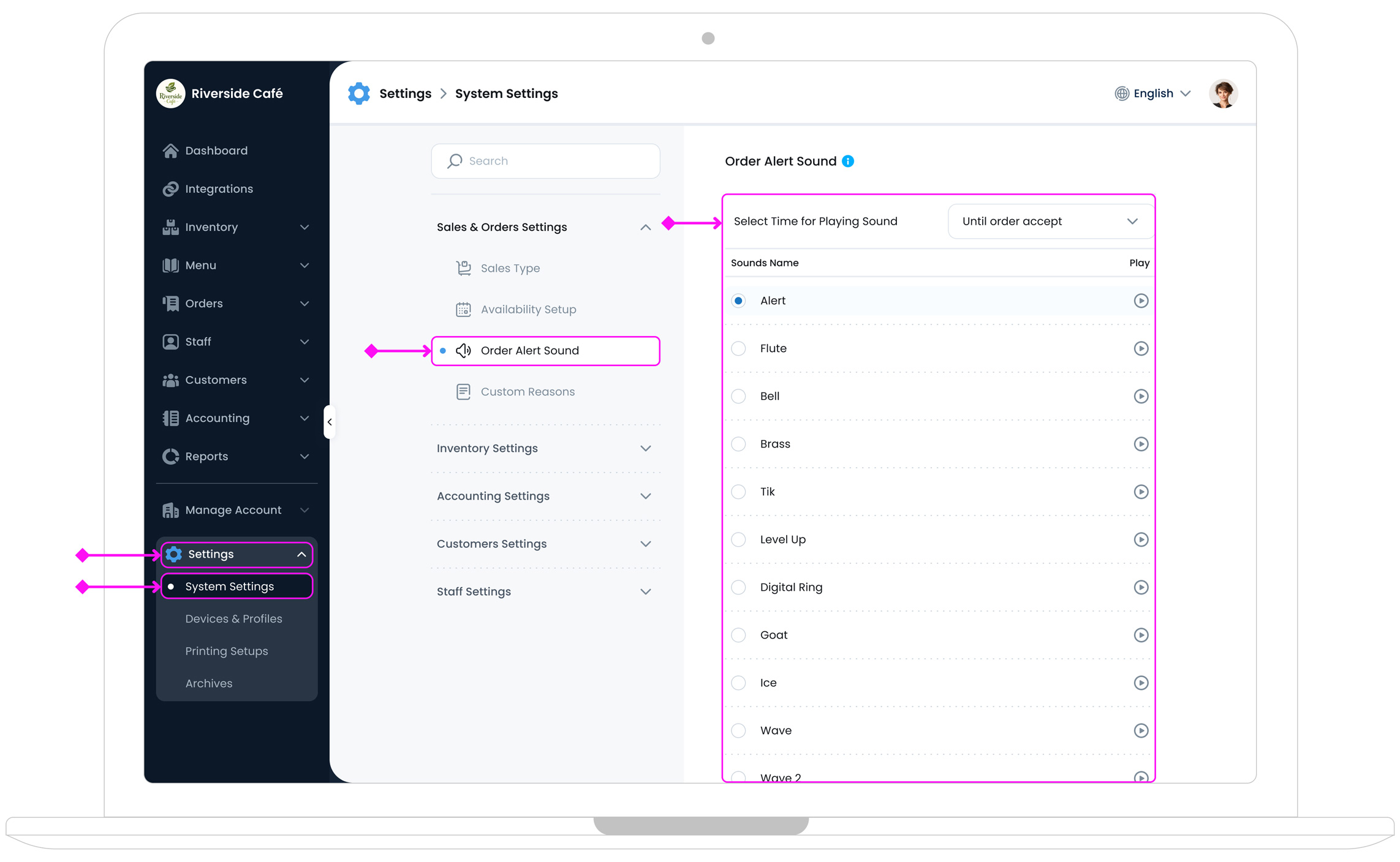 Order Alert Sound Access
